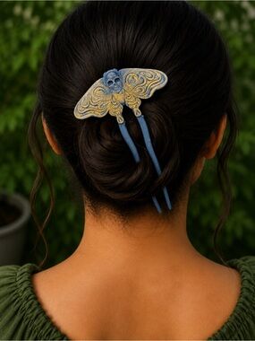 Gothic Moth Skull Hair Pin Blue & Gold Death Moth Fantasy Hair Accessory